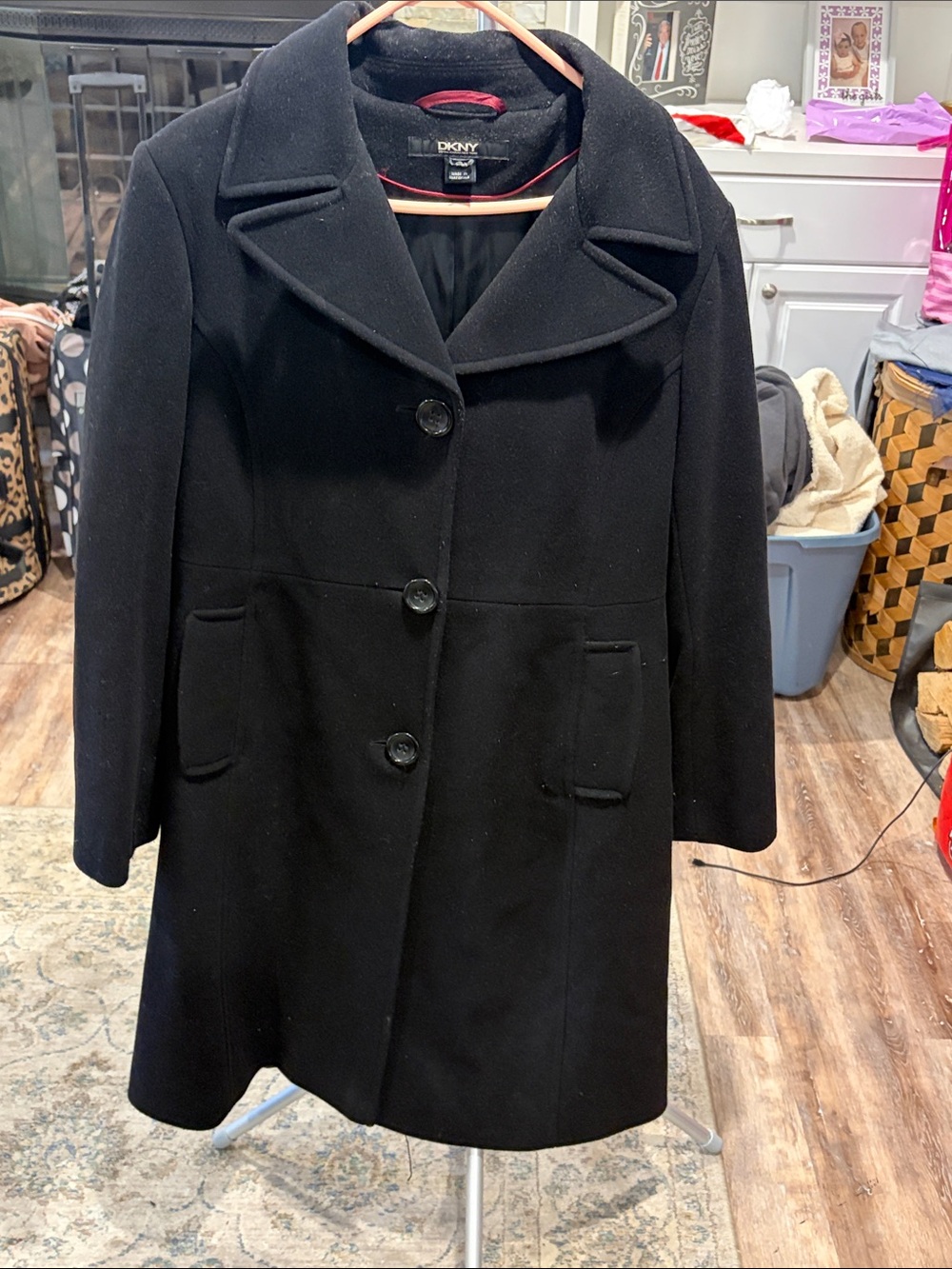 DKNY Black Wool-Blend Single-Row Button Pea Coat